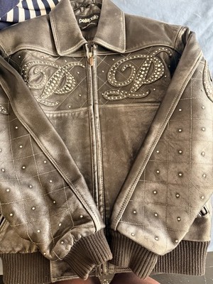 Pelle Pelle Studded Embroidered Leather Bomber Jacket Men  Lined Ash Washed Gray