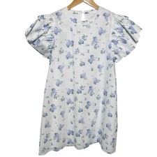 Cottagecore Floral Cotton Mini Dress Blue White Puff Sleeve Coquette TCEC Size L