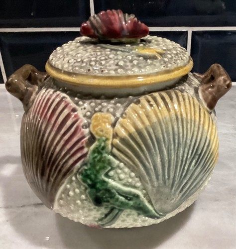 MAJOLICA OCEAN SUGAR BOWL 1880s SHELL & SEAWEED Unmarked