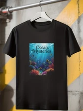 Men's Slim Fit Black T-Shirt with Ocean-Themed Fish & Marine Life Print - Short