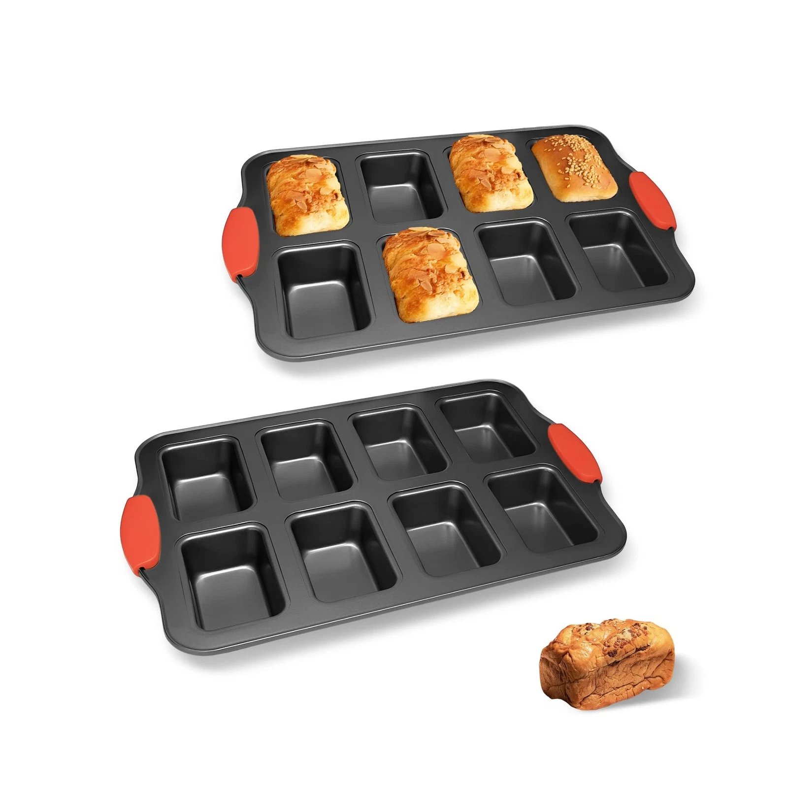 2 PCS 8 Cavity NonStick Carbon Steel Mini Bread Loaf Pan Silicone Handle