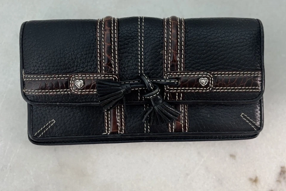 Brighton Brown & Black Pebbled Leather Wallet Card Wallet Rope Bow Trifold - Image 3 of 4