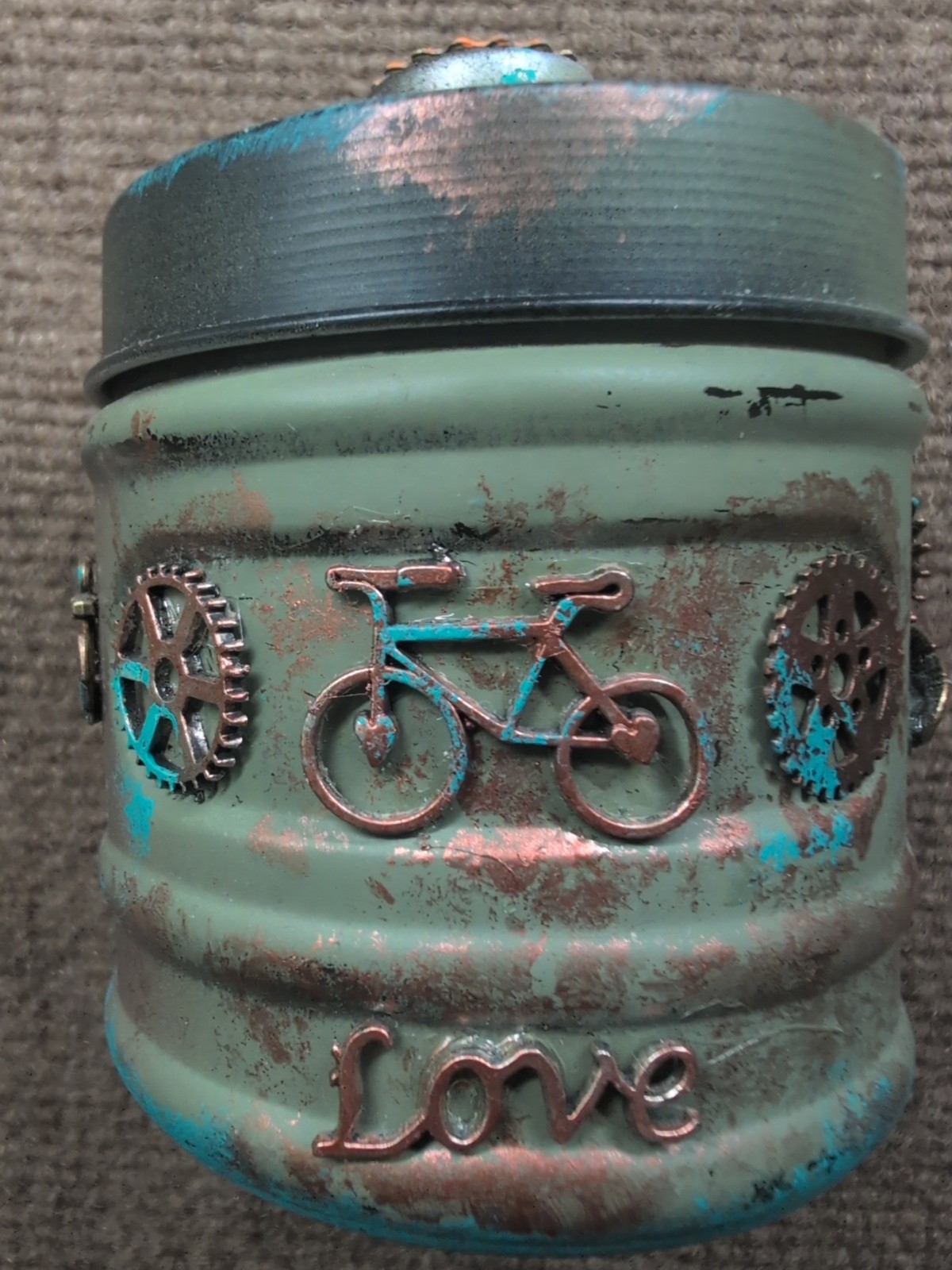 GLASS JAR Steampunk Style Trinket Stash JAR Decor Organizer Coins Spices bicycle