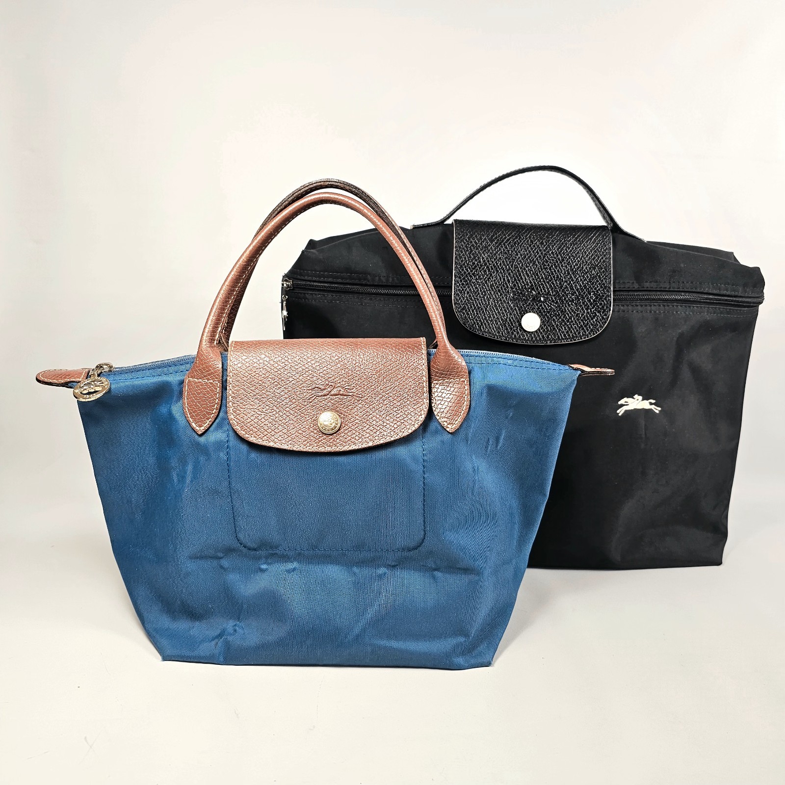 Lot Of 2 Longchamp Black And Blue Nylon Foldable Tote Handbag Authentic