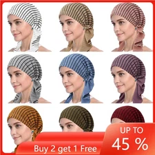 Women Muslim Striped Underscarf Hijab Hat Turban Long Tail Pre-Tied Bandana Cap