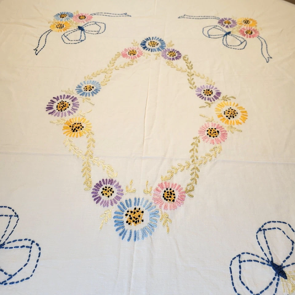 Vintage Handmade Bedspread Embroidered Floral 72x80 Fringe Edges - Image 2 of 4