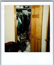 Vtg Polaroid Snapshot Photo Full Cluttered Closet Hanging Clothes Door