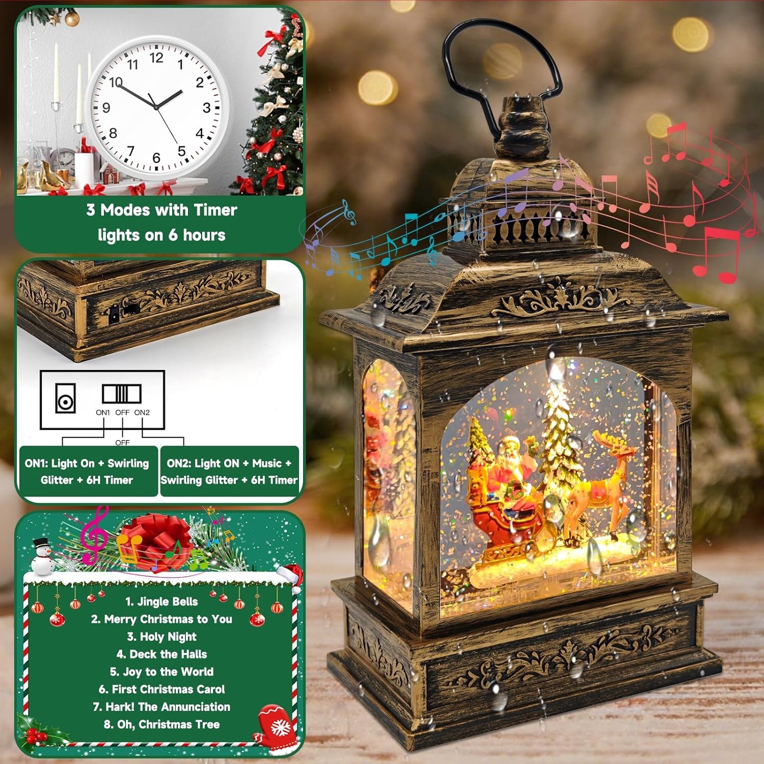 Christmas Snow Globes Lantern Water Swirling Glitter,with Santa Claus Projection