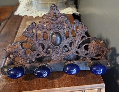 Vintage Cast Iron Wall Mounted Wall Hook-4 Blue Porcelain Knobs