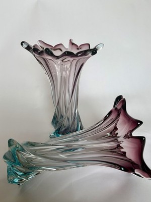 Pair Vintage Mid-Century Murano Sommerso Art Glass Leaf Vases Blue Purple Pink