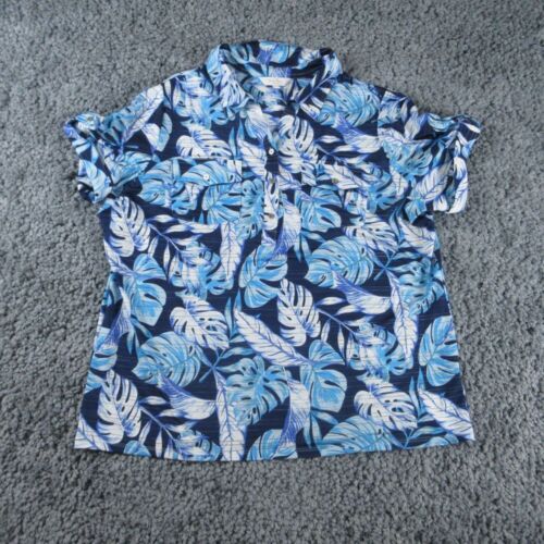 Coral Bay Shirt Womens 1X Blue Floral Short Sleeve Polo