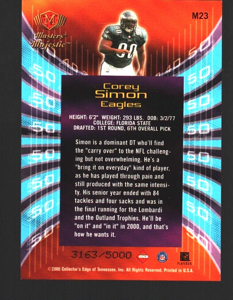 2000 Collector's Edge Masters Majestic Football Card #M23 Corey Simon/5000 - Image 2 of 2