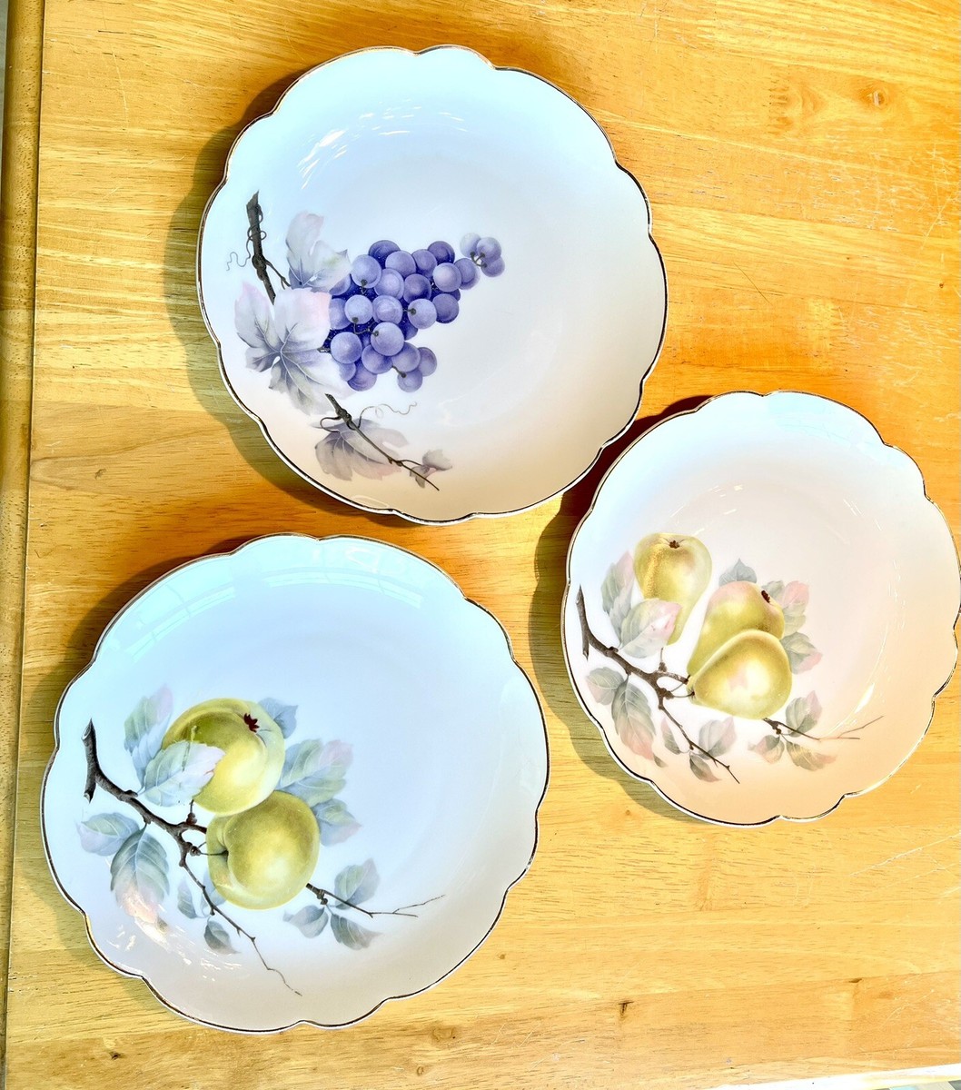 Set -3 Rosenthal Selb Bavaria China Plates Gold Scalloped Rim Pears Grapes  Apple