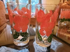 Vintage Boscul Peanut Butter Glass Pink Dogwood Flowers 1950s Lot Of 2-Gorgeous!