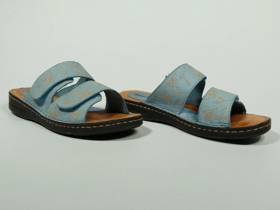 Minnetonka 女式 5375 蓝色皮革拖鞋凉鞋金色花卉尺寸 11 好 — 第 2/4 张图片