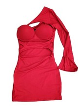 Katherine Mayo Dress Red Cut Out Sexy Small One Sleeve Night Evening