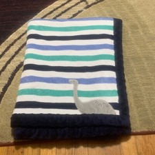 Carters Child of Mine Dinosaur Baby Blanket Blue Green Gray White Stripe Sherpa