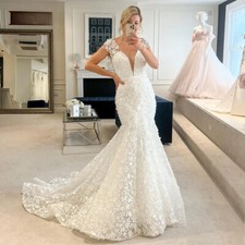 Deep V Neck Mermaid Wedding Dresses Cap Sleeve Appliques Backless Bridal Gowns