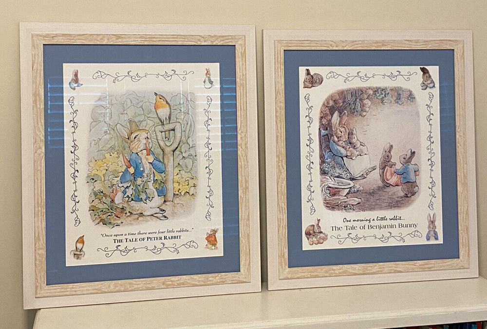 Pair of custom framed Beatrix Potter Peter Rabbit and Benjamin Bunny posters