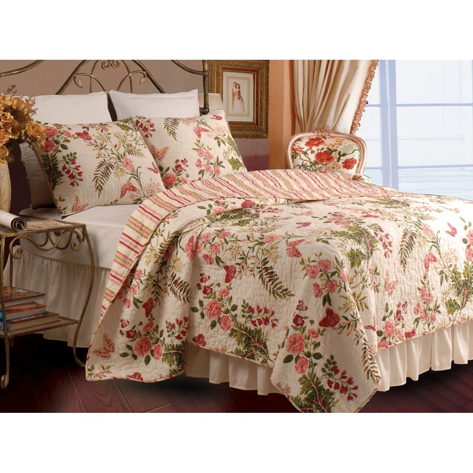 LINDO CONJUNTO DE COLCHA FLORAL VIDEIRA ROSA ANTIGA VERDE VERMELHO ROSA MARFIM REI E RAINHA - Imagem 2 de 2