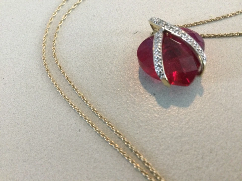 Vintage Lab Ruby Heart 10k Gold Pendant & 14k Gold Necklace w/Zircon Ribbon - Image 2 of 4