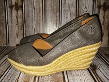 Tory Burch "Filipa" Pewter Metallic Linen Crisscross Wedge Espadrille Sz 7 B
