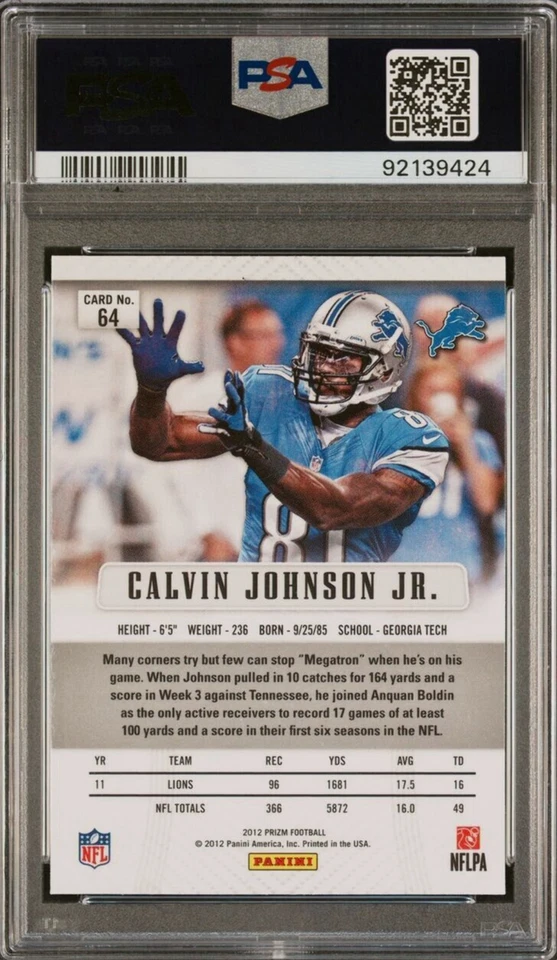 Graded 2012 Panini Prizm Calvin Johnson #64 First Prizm Football Card PSA 10 Gem - Image 2 of 2
