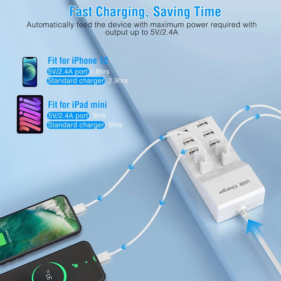 10 Port USB Charging Station Hub Power Adapter 50W Fast Charger for Phone Tablet - Image 2 of 4