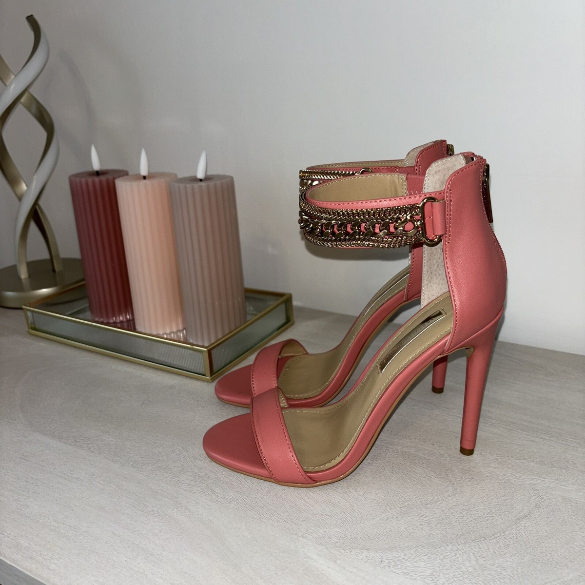 Forever Unique Coral Gold Ankle Strap Chain Heeled Sandals Leather