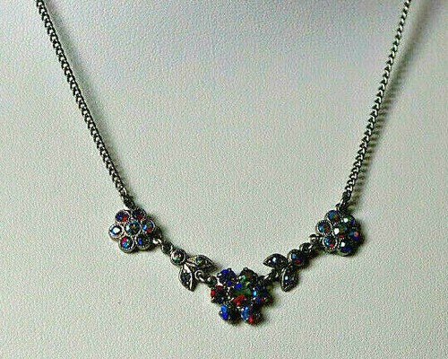 Vintage Silber Metall Kristall Blume/Blätter Halskette/Anhänger Jablonex 1980'