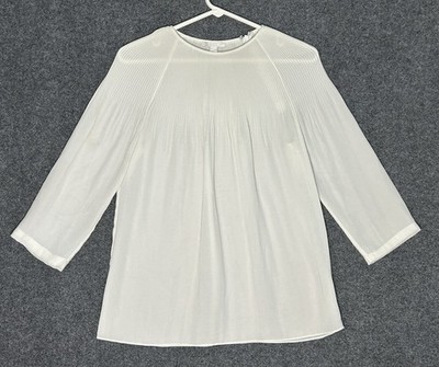 COS Sheer White Blouse Pleated Yolk 3/4 Sleeve Minimalist Luxury -Women s Size 4