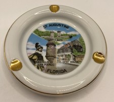 3 Slot St Augustine, Florida Porcelain Souvenir Ashtray, Gold Trim, 5”, UNUSED