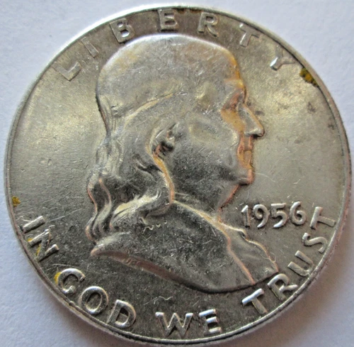 1956-P FRANKLIN HALF, 90% SILVER, FINE CONDITION, CIRCULATED, NOT CLEANED