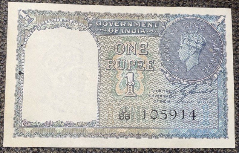 1940 Government of India 1 Rupee Currency Note King George VI Excellent
