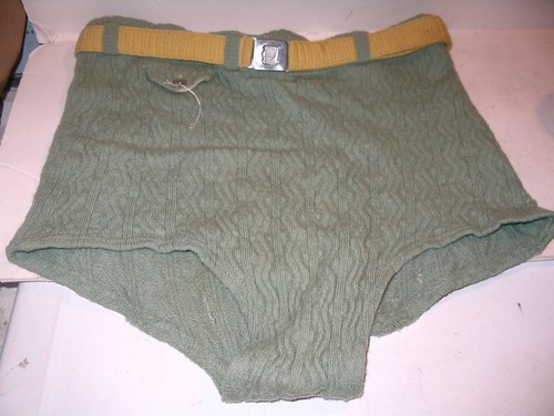Vintage 1940s 50s Jantzen Mens Wool Knit Bathing Suit Aqua Color w Yellow Belt 2