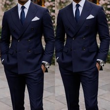 Navy Blue Men Suits Business Formal 2Pcs Double Breasted Office Jacket Tuxedo