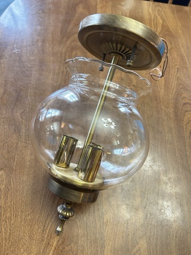 Vintage Lavery Brass Flush Mount Crimped Glass Globe 3 Wick Hardwire 60s/70s - Picture 1 of 4