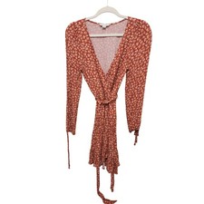 American Eagle Rust Long Sleeve Wrap Mini Dress Small Boho Ruffle Cuff Tie