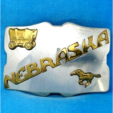 Nebraska Belt Buckle Horse  Wagon Nickel Silver Vintage 80s XTT344
