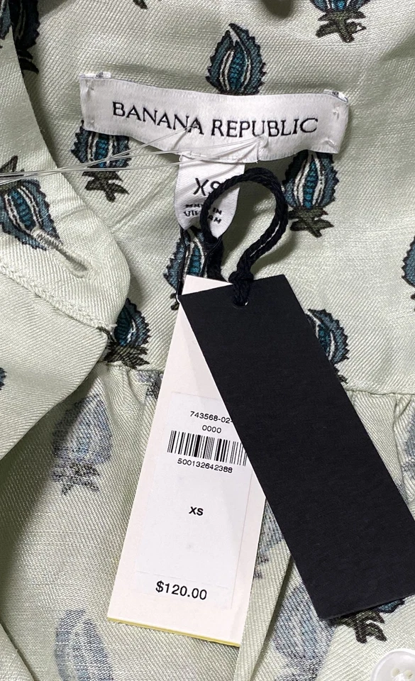 Banana Republic Green Paisley Linen Blend Tie Waist Shirt Dress Womens XS - Image 3 of 4