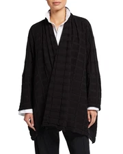 Eskandar BLACK RECTANGLES CABLE STITCH Cashmere Silk 36" Long Cardigan One Size