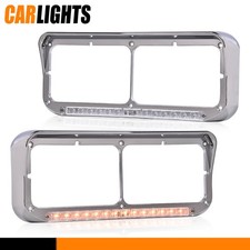 Fit For Kenwroth T600 T800 W900 Chrome Headlight Bezels Amber Light w/ LED Bar