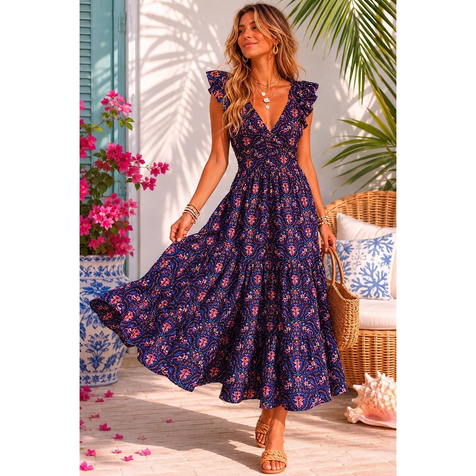 New Caroline Constas Navy Pansy Print Ruffle Tiered Smocked Maxi Dress - size S