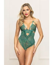 Seven ’til Midnight Lace Open Crotch Teddy Gold Straps Green