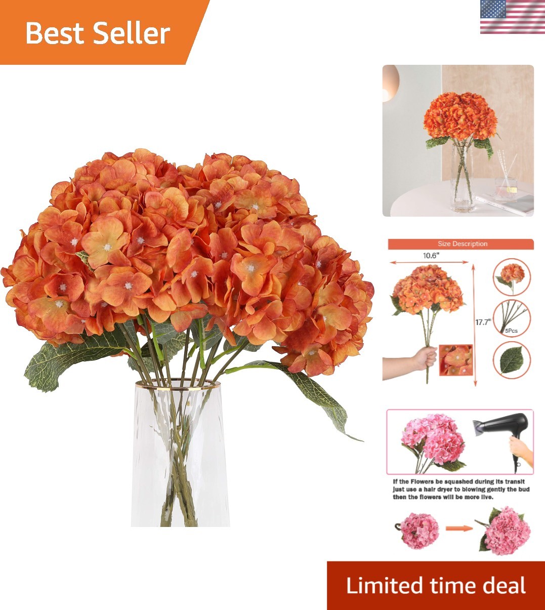 Classic European Style Hydrangea Bouquet – 5 Large Silk Flowers for Decoration