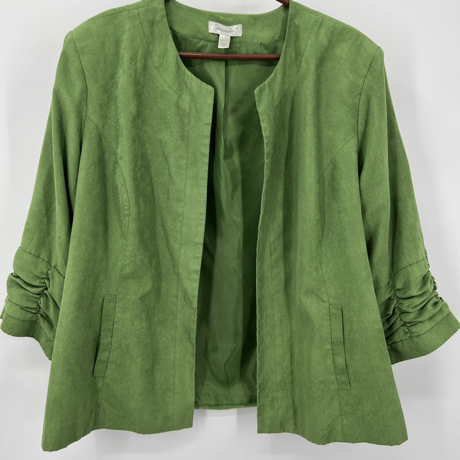Dressbarn Women's Sz 22/24 Green Ruched 3/4 Sleeve Open Front Jacket Faux Suede