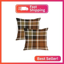 Fall Plaid Pillow Covers 18x18 Set of 2 Black Brown Check Tartan Gingham Autumn