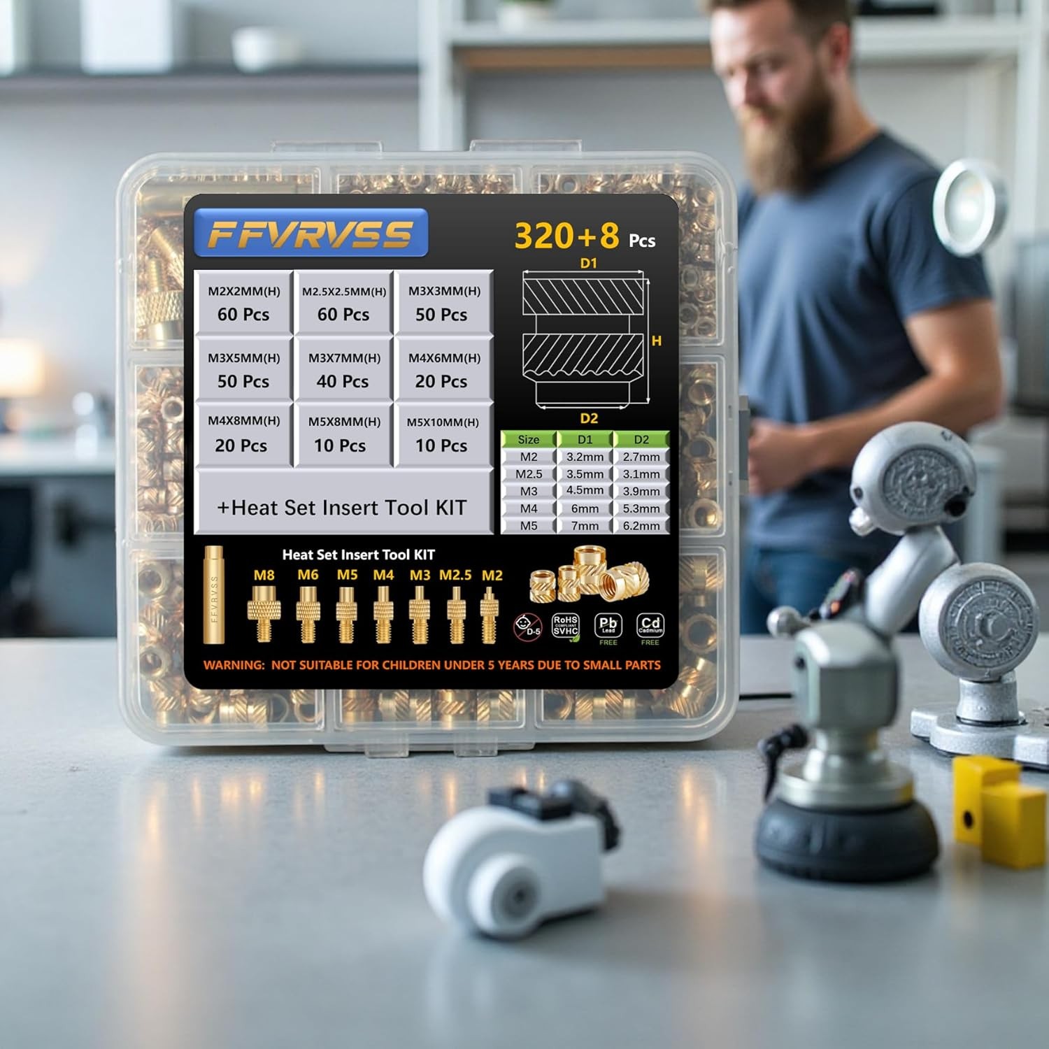 320+8Pcs M2-M5 Brass Threaded Inserts Kit, Metric Knurled Nuts with Heat Set Too