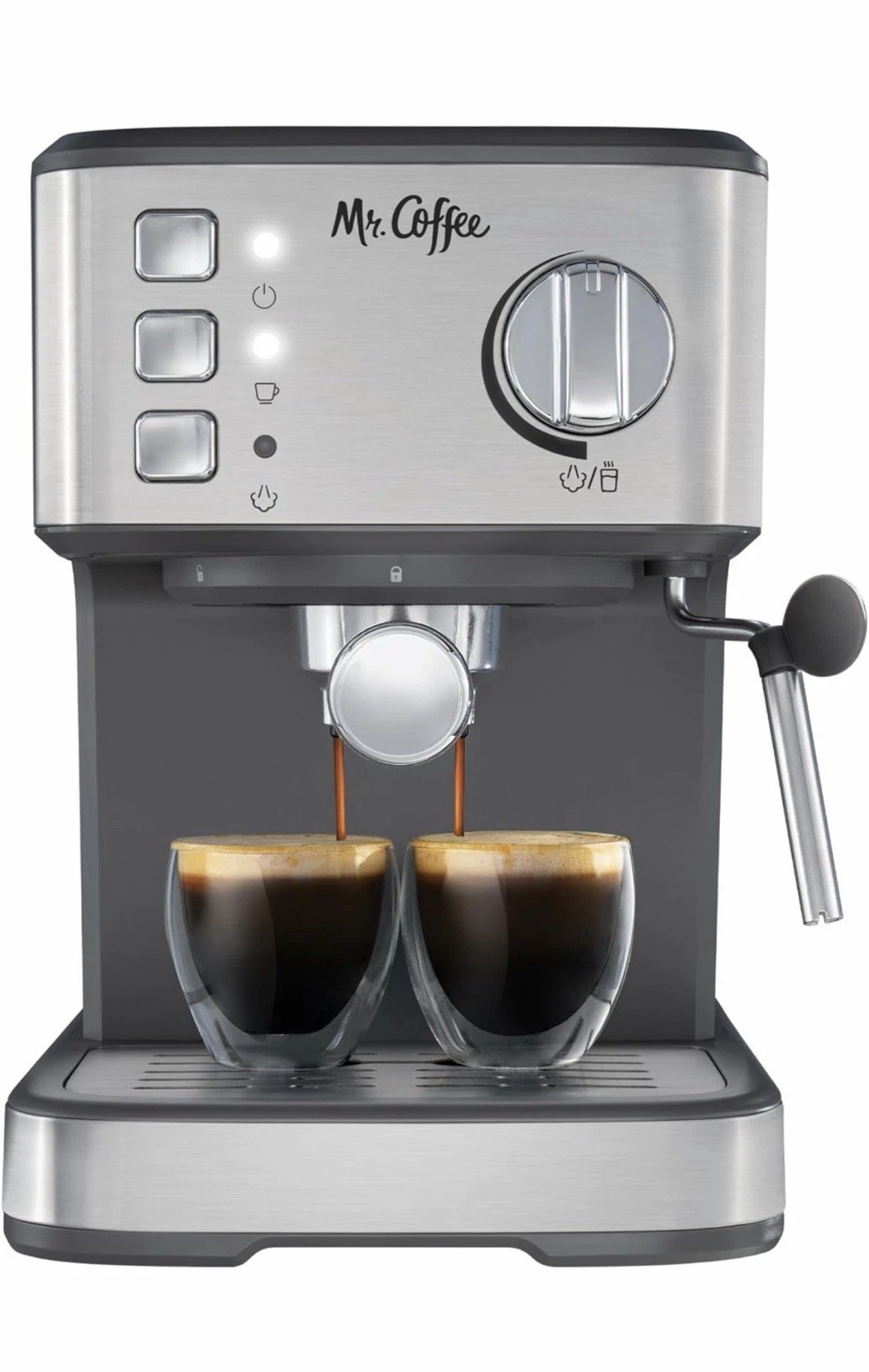 Mr. Coffee Compact Espresso Maker Machine Steam Wand 15-Bar Pump - Silver