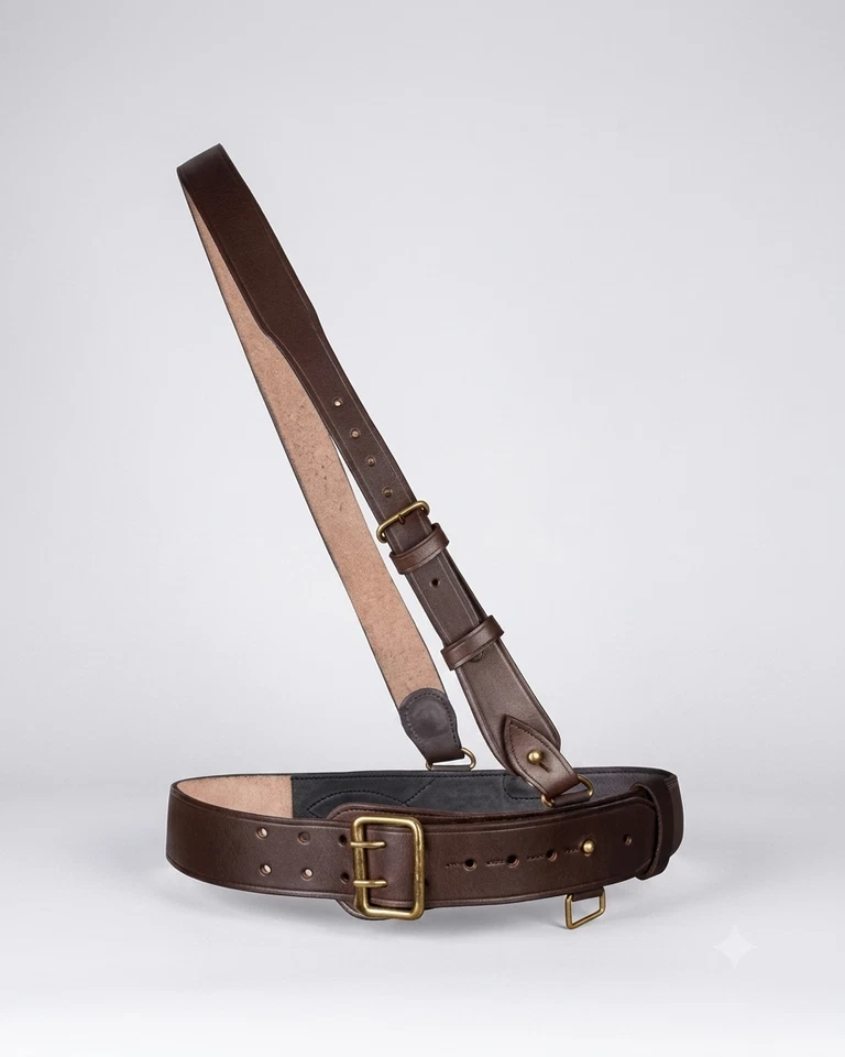 Genuine Leather Sam Browne Belt British Army Officer Cross Strap Brass Buckle UK - Image 3 of 4